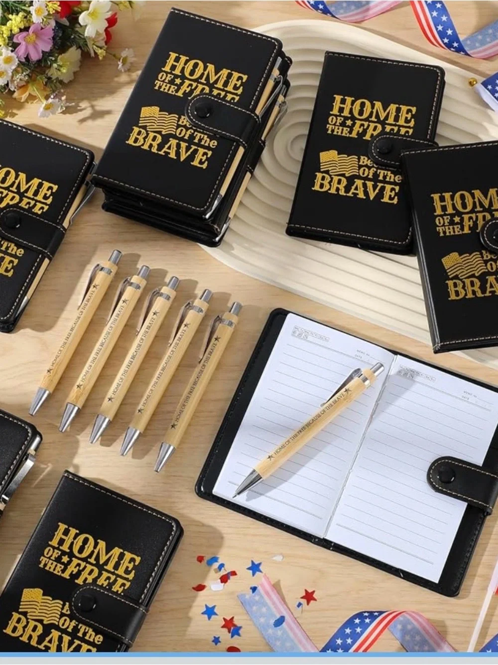 Black 'Home of the Brave' Leatherette Notebook with Pen